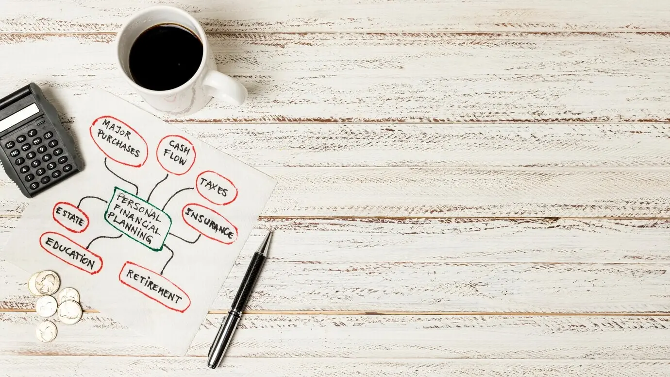 Draufsicht auf persönliche Finanzplanung mit Kaffee und Platz für Text.