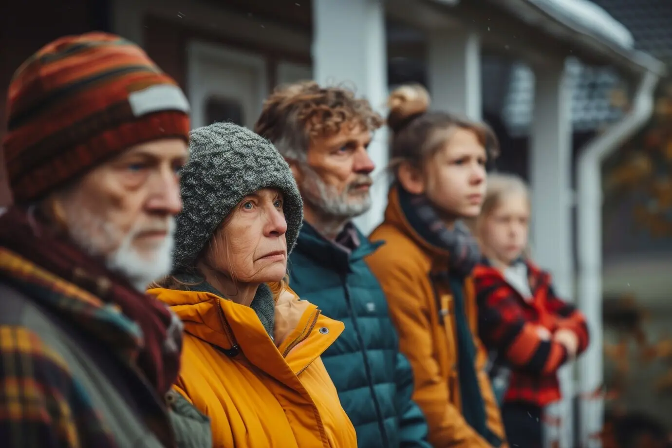 Porträt einer Mehrgenerationenfamilie, die sich aufgrund eines unerschwinglichen Preisanstiegs auf dem Wohnungsmarkt ein Haus teilt.