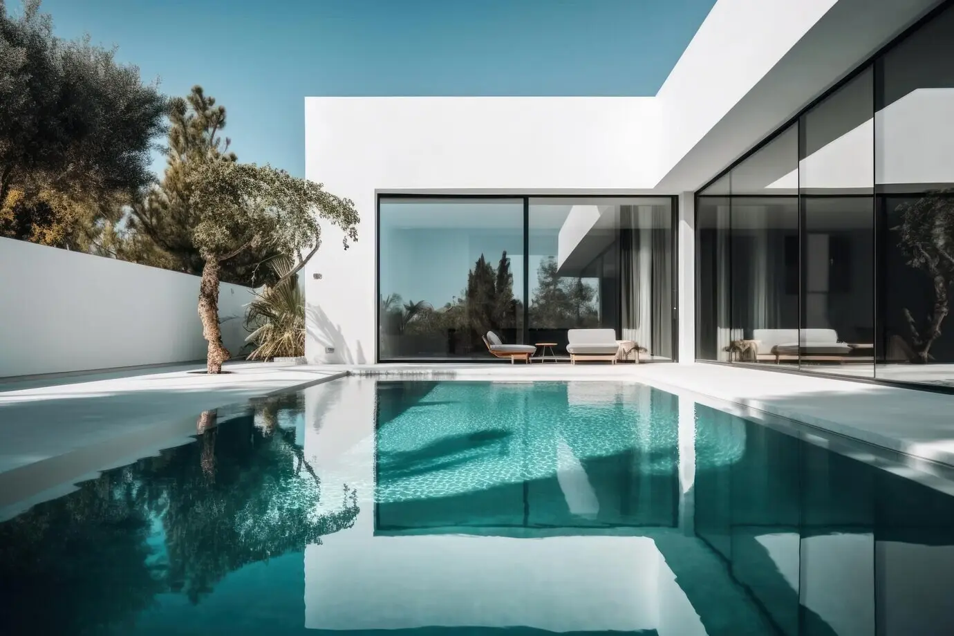 Designerhaus, moderne Villa mit offenem Wohnbereich, privatem Schlafflügel und großer Terrasse mit Privatsphäre.